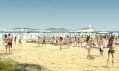 Písčitá pláž Rimini s novým molem Normana Fostera v pozadí
