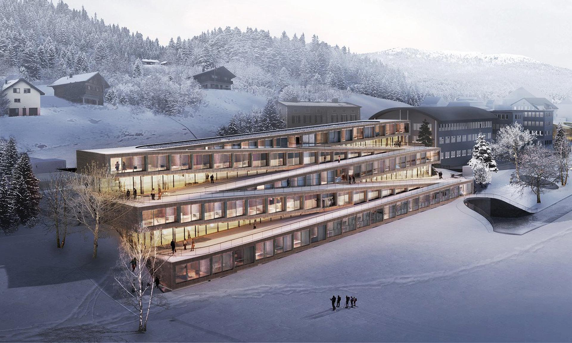 BIG postaví švýcarský Hotel des Horlogers se sjezdovkou na střeše
