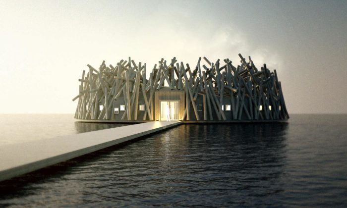 Ve Švédsku staví kládami zdobené plovoucí lázně s hotelem Arctic Bath