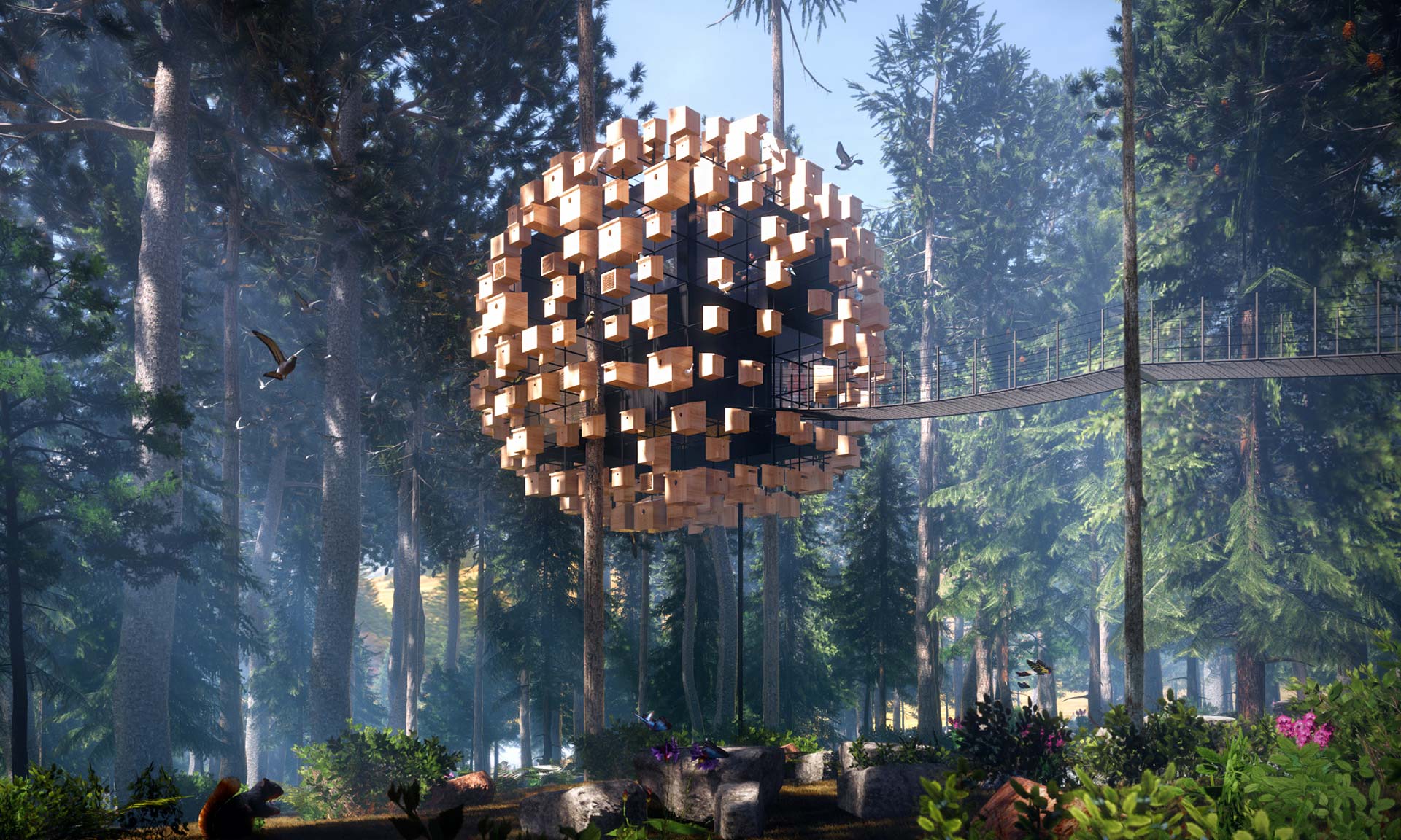 BIG postaví osmý Treehotel ve tvaru koule složené z 350 ptačích budek