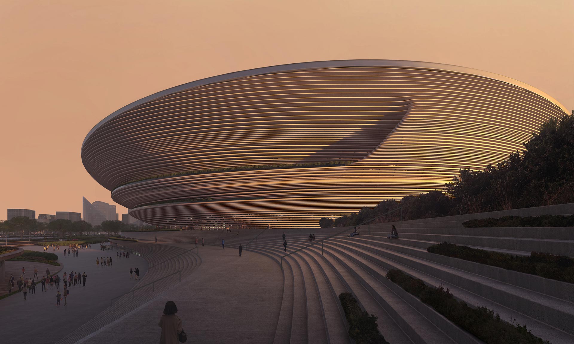 Zaha Hadid Architects postaví v Hangzhou trojici stadionů inspirovanou terasami plantáží