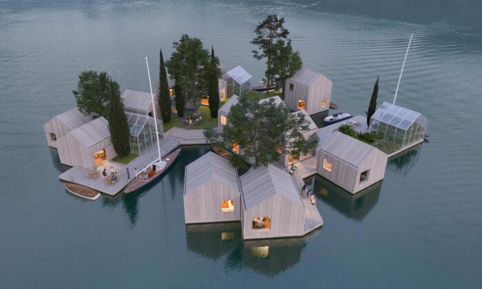 Dánové navrhli koncept modulární bydlení na vodě Land on Water z recyklovaných materiálů