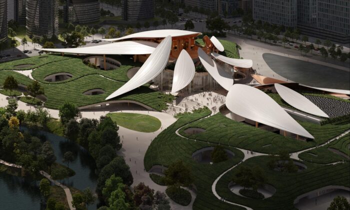 Kulturní centrum Anji od ateliéru MAD má bílé střechy s tvary velkých bambusových listů