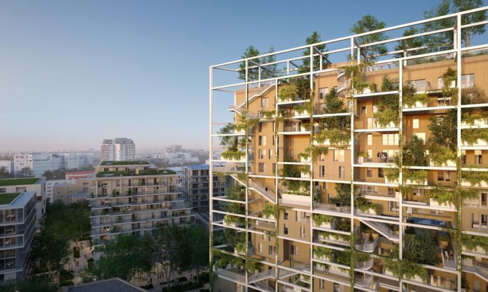 Kousek od Paříže vyrůstá bytový dům La Serre s vnější konstrukcí plnou schodišť a zeleně