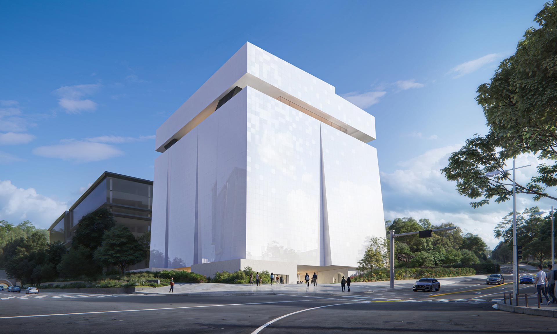 Herzog & de Meuron navrhli depozitář umění jako muzeum se zahradou v podobě bílé skleněné kostky