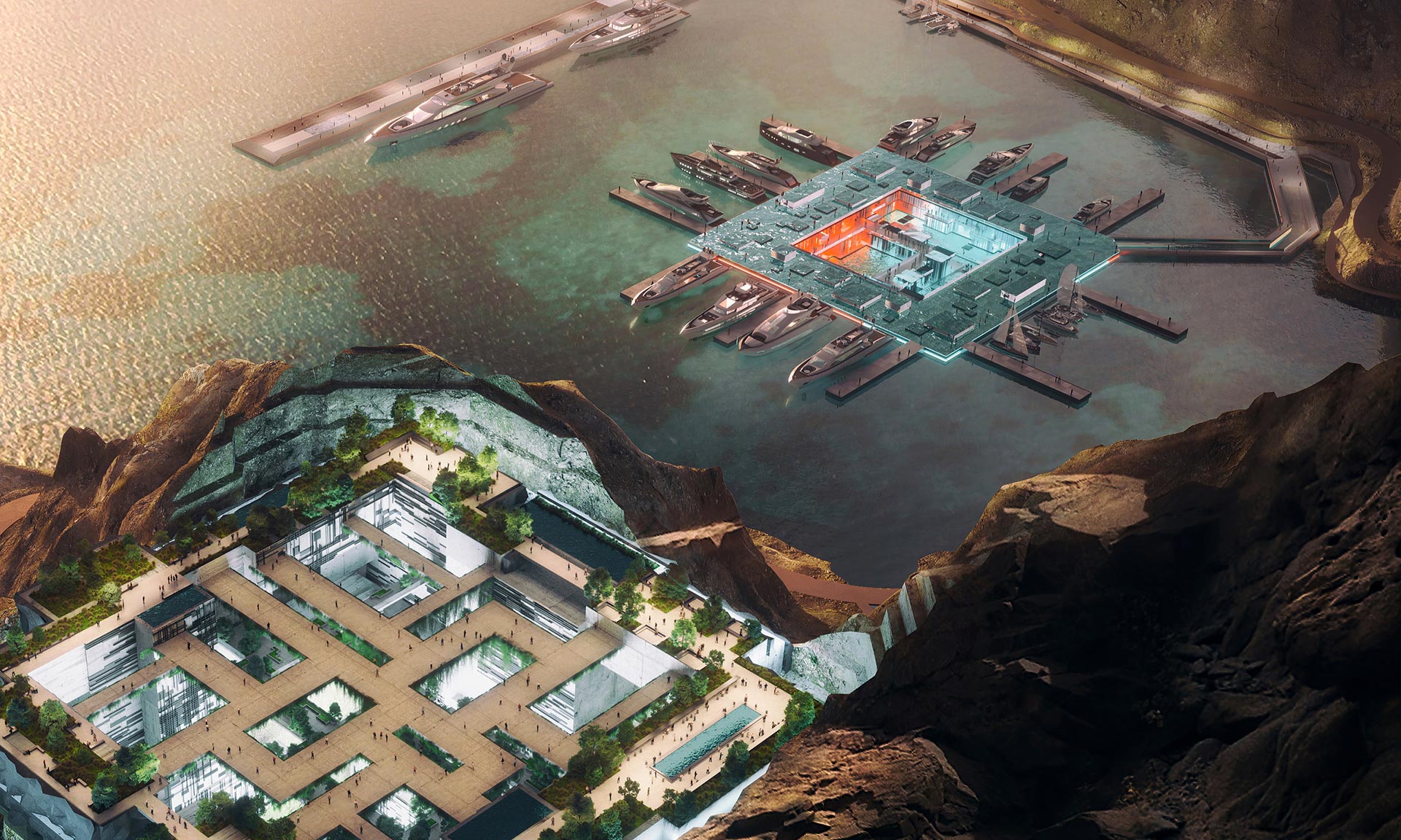 V Akabském zálivu vyroste projekt Aquellum s plovoucím přístavem a zážitkovým mrakodrapem skrytým ve skále