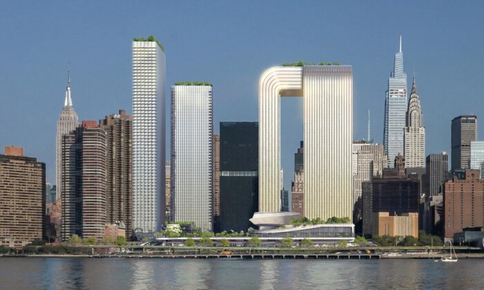 BIG navrhli na Manhattan náměstí Freedom Plaza a zahnutý mrakodrap s terasou na střeše