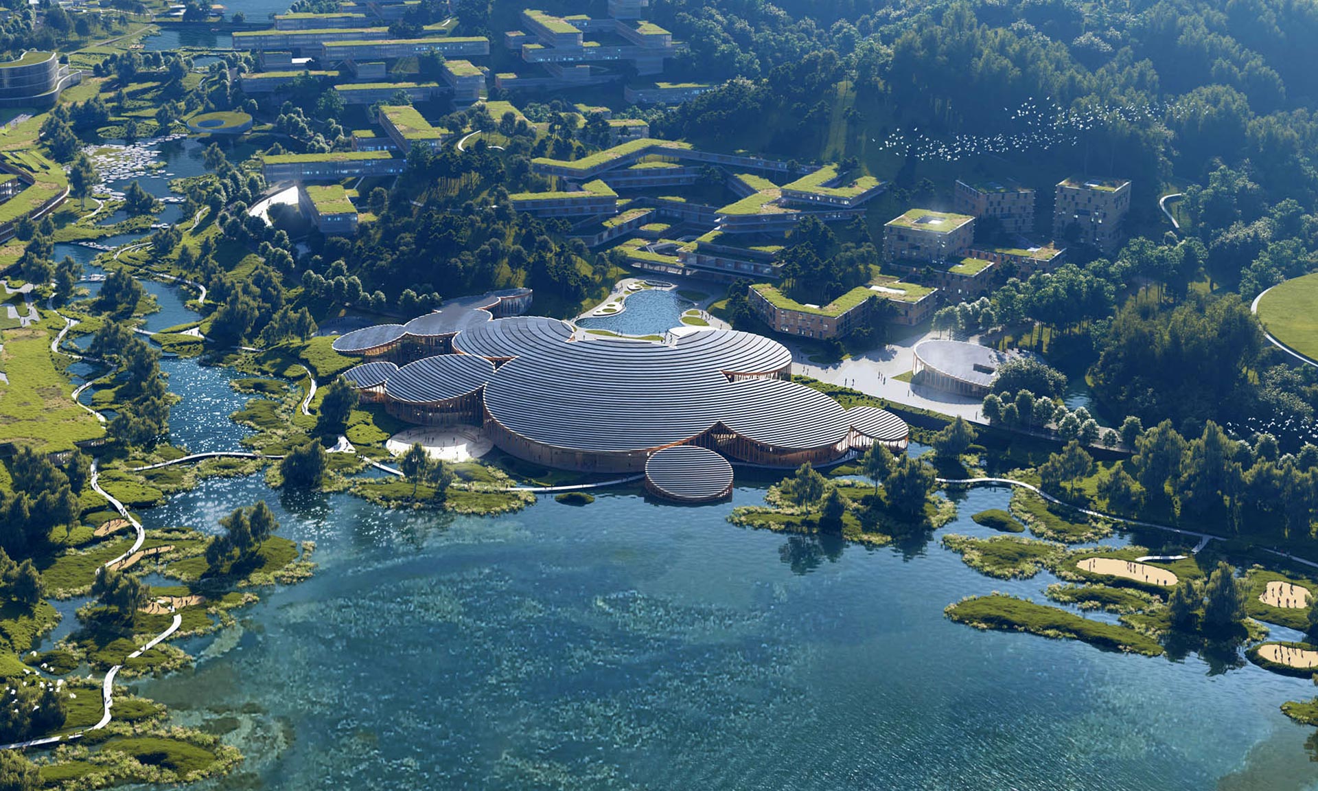 Mecanoo navrhlo na okraj vodní nádrže vědecké údolí Guangming s centrální dřevěnou stavbou z kruhů