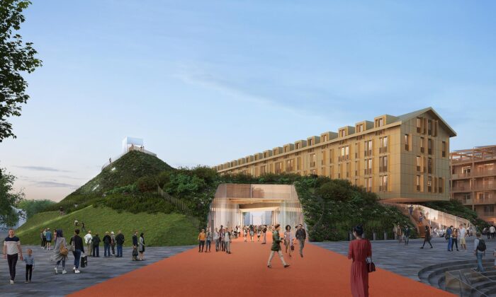 V Mannheimu staví zelený kopec Grüner Hügel kombinující park s prodejnou potravin i bydlením