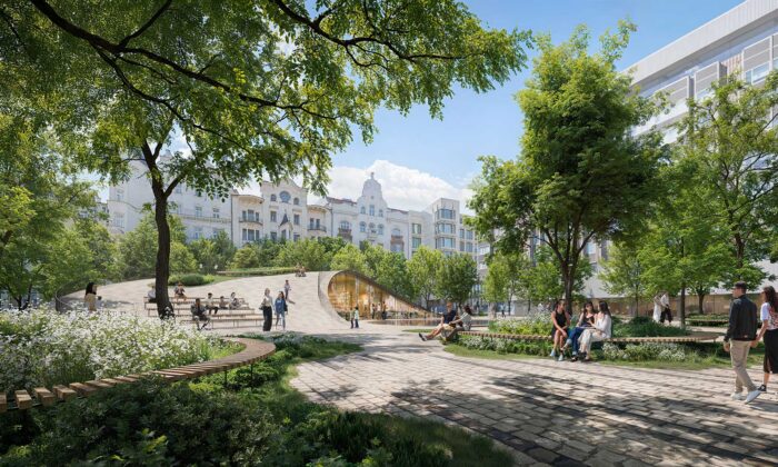 V pražské ulici Pařížská vznikne piazzetta plná zeleně s&nbsp;posezením pod stromy a&nbsp;malým pavilonem