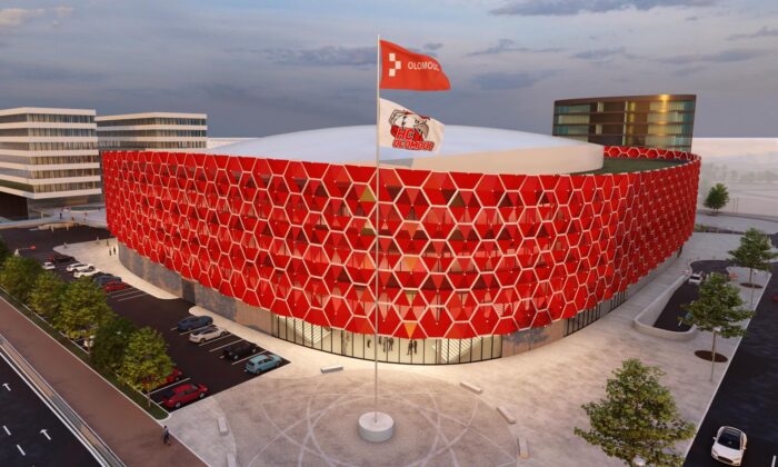 Multifunkční hala v&nbsp;Olomouc má mít výrazný červený plášť z&nbsp;kovových šestiúhelníků